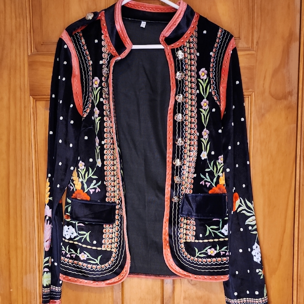 Embroidered Look Black Velvet Jacket